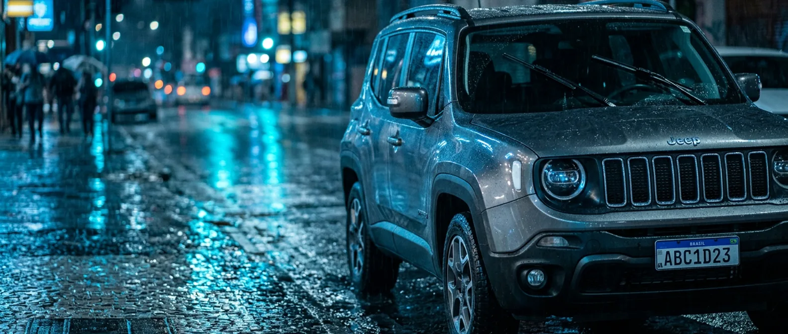 Hatch azul metálico sob chuva na cidade, para-brisa recém-limpo: aplicação típica da Linha Universal Flex