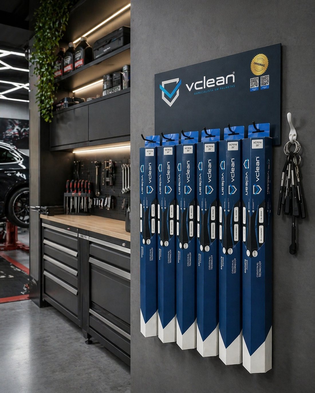 Expositor de parede VClean instalado no ponto de venda, com palhetas organizadas e selo de produto original