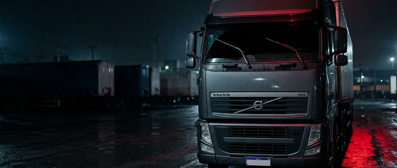 Caminhão Volvo FH em terminal de carga à noite, para-brisa recém-limpo: aplicação típica da Linha Pesada