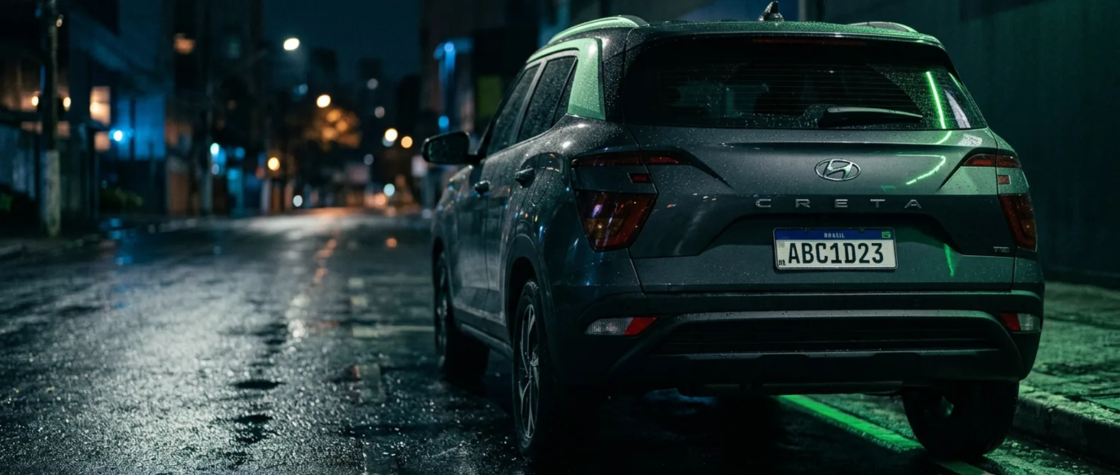 Traseira de Hyundai Creta em rua molhada à noite, vidro recém-limpo: aplicação típica da Linha Traseira Carenada